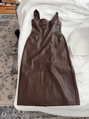 Commense Brown Faux-Leather Midi Dress